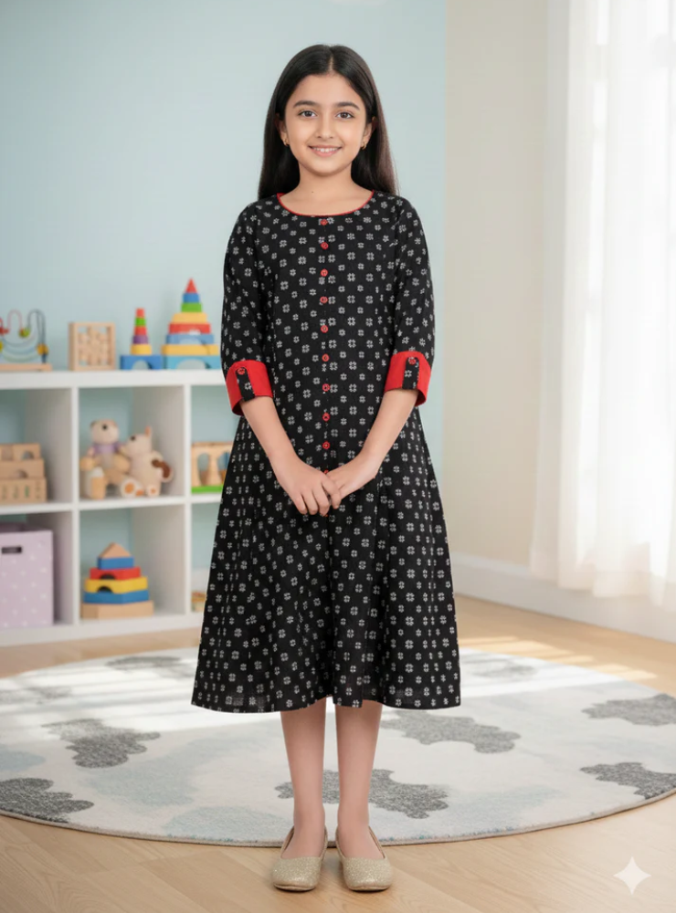 Untitled design (28) YASH GALLERY Kids Cotton Geometrical Printed Anarkali Kurta (Black) - Image 1