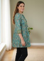 Akiko Women's Floral Placement Printed Short Kurti (Green) - Image 3