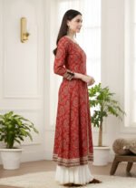 Akiko Womens Cotton Bandhej Print Anarkali Kurta (Red) - Image 3