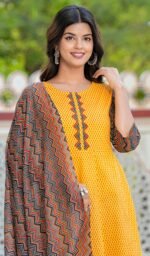 Akiko Women's Cotton Geometric Print Anarkali Kurta (Mustard) & Duptta - Image 5