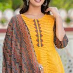 YASH GALLERY Women's Cotton Geometric Print Anarkali Kurta (Mustard) & Duptta