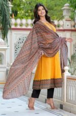Akiko Women's Cotton Geometric Print Anarkali Kurta (Mustard) & Duptta - Image 3