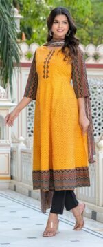 Akiko Women's Cotton Geometric Print Anarkali Kurta (Mustard) & Duptta - Image 4