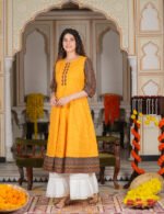 Akiko Women's Cotton Geometric Print Anarkali Kurta (Mustard) - Image 4