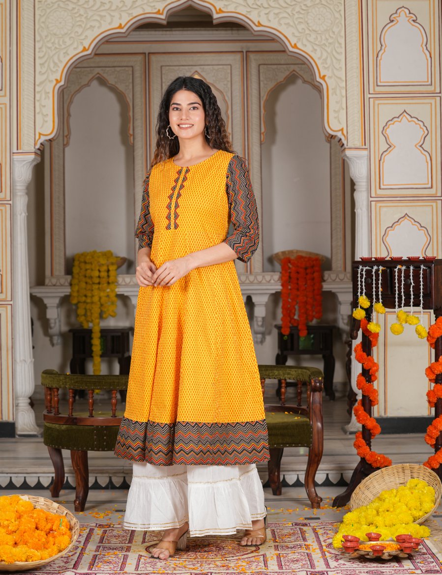 1003YKMUSTARD1.jpg YASH GALLERY Women's Cotton Geometric Print Anarkali Kurta (Mustard) - Image 1