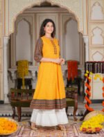 Akiko Women's Cotton Geometric Print Anarkali Kurta (Mustard) - Image 3