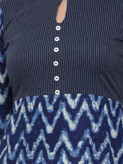 YASH GALLERY Women's Cotton Chevron Print Kaantha Work A-line Kurta (Blue)