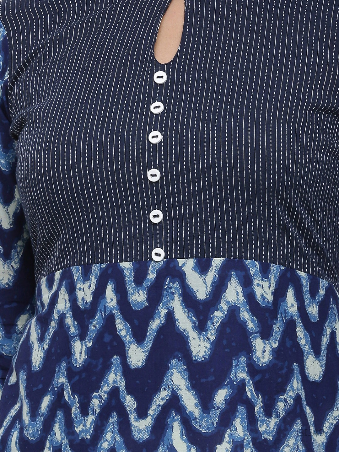 1006YKBLUE2.png YASH GALLERY Women's Cotton Chevron Print Kaantha Work A-line Kurta (Blue) - Image 1