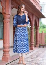 Akiko Women's Cotton Chevron Print Kaantha Work A-line Kurta (Blue) - Image 3