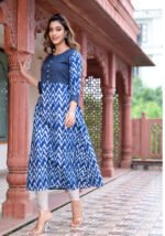 Akiko Women's Cotton Chevron Print Kaantha Work A-line Kurta (Blue) - Image 4