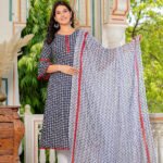 Akiko Women's Cambric Cotton Printed Mirror Work A-Line Kurta (Blue) & Duptta