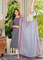Akiko Women's Cambric Cotton Printed Mirror Work A-Line Kurta (Blue) & Duptta
