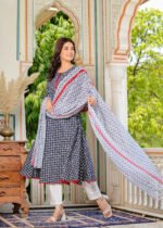 Akiko Women's Cambric Cotton Printed Mirror Work A-Line Kurta (Blue) & Duptta - Image 3