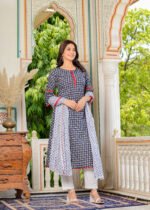 Akiko Women's Cambric Cotton Printed Mirror Work A-Line Kurta (Blue) & Duptta - Image 4