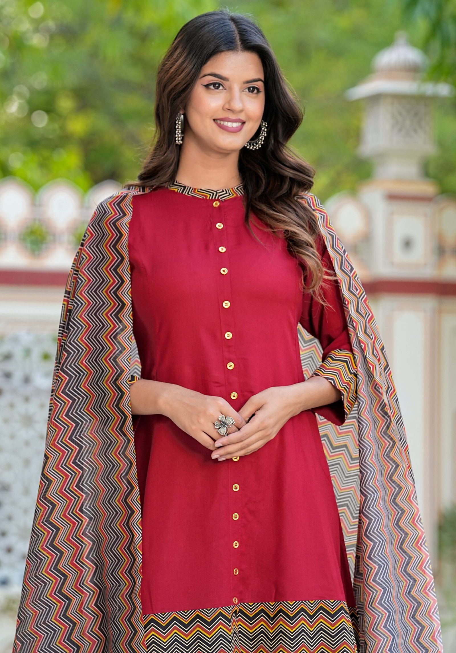 1251DPT2112.jpg YASH GALLERY Women's Rayon & Cotton Cambric Zig-Zag Printed A-line Kurta & Duptta - Image 1