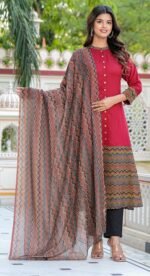 Akiko Women's Rayon & Cotton Cambric Zig-Zag Printed A-line Kurta  &  Duptta - Image 4
