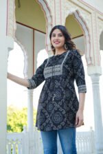 Akiko Women's Cotton Bandhej printed Short Kurti (Black) - Image 3