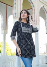 Akiko Women's Cotton Bandhej printed Short Kurti (Black) - Image 4