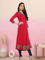 Akiko Women's Cotton Slub Angrakha Style Anarkali Kurta (Pink) - Image 3