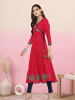 Akiko Women's Cotton Slub Angrakha Style Anarkali Kurta (Pink) - Image 4