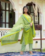 Akiko Women's Floral Printed Straight Kurta with Pant & Dupatta Set (Green) - Image 3