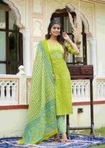 Akiko Women's Floral Printed Straight Kurta with Pant & Dupatta Set (Green) - Image 4
