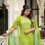 YASH GALLERY Women's Floral Printed Straight Kurta with Pant & Dupatta Set (Green)