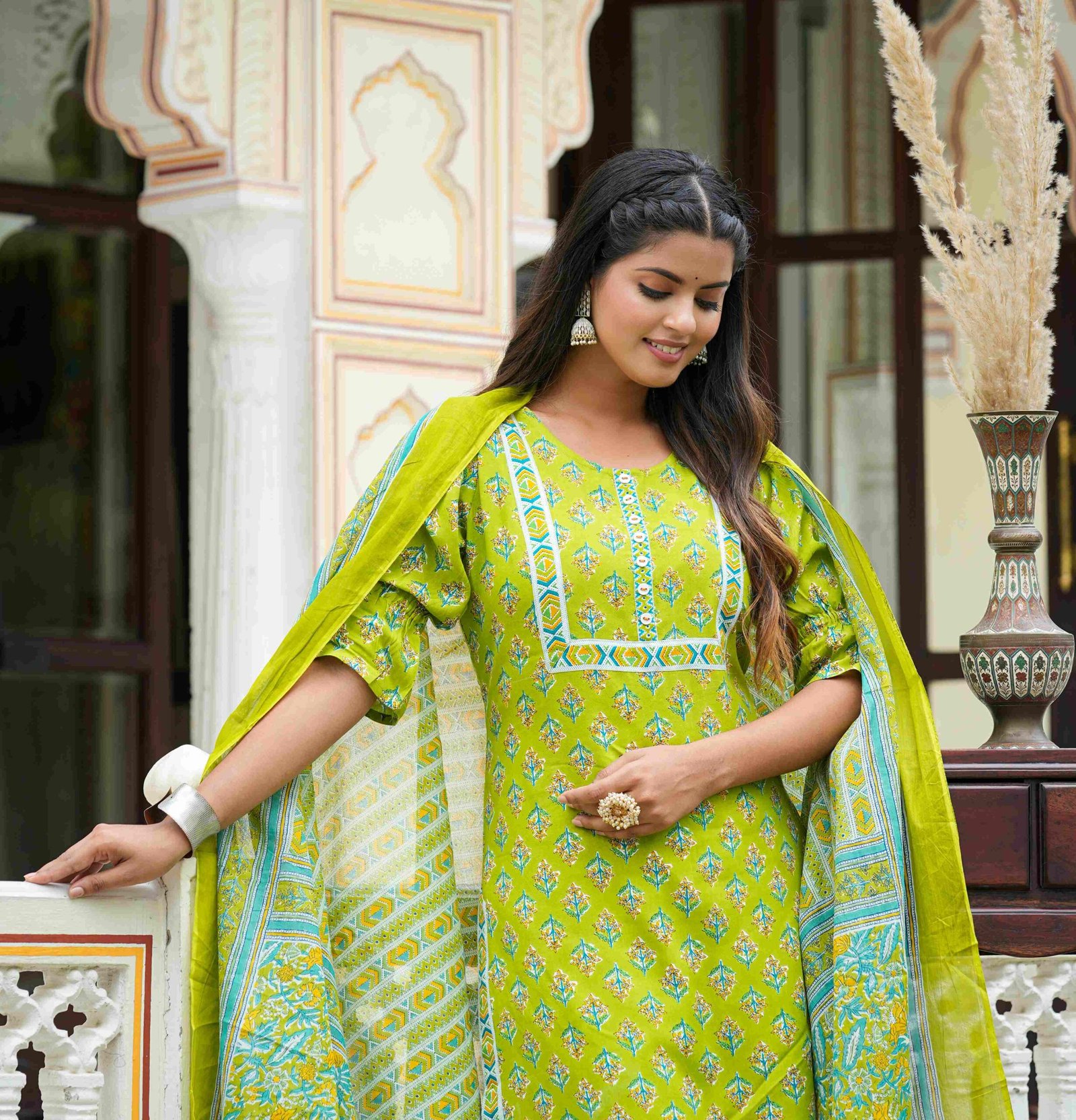 1472YKGREEN9.jpg YASH GALLERY Women's Floral Printed Straight Kurta with Pant & Dupatta Set (Green) - Image 1