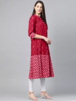 Akiko Women's Cotton Ikat Printed A-line Kurta (Red) - Image 3