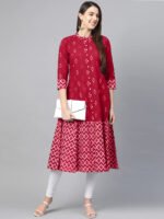 Akiko Women's Cotton Ikat Printed A-line Kurta (Red) - Image 4