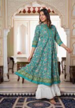 Akiko Women's Floral Printed Anarkali Kurti (Green) - Image 3