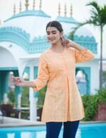Akiko Women's Cotton Floral Printed Short Kurti (Orange) - Image 3