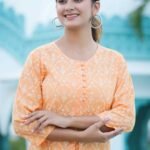 Yash Gallery Women's Cotton Floral Printed Short Kurti (Orange)