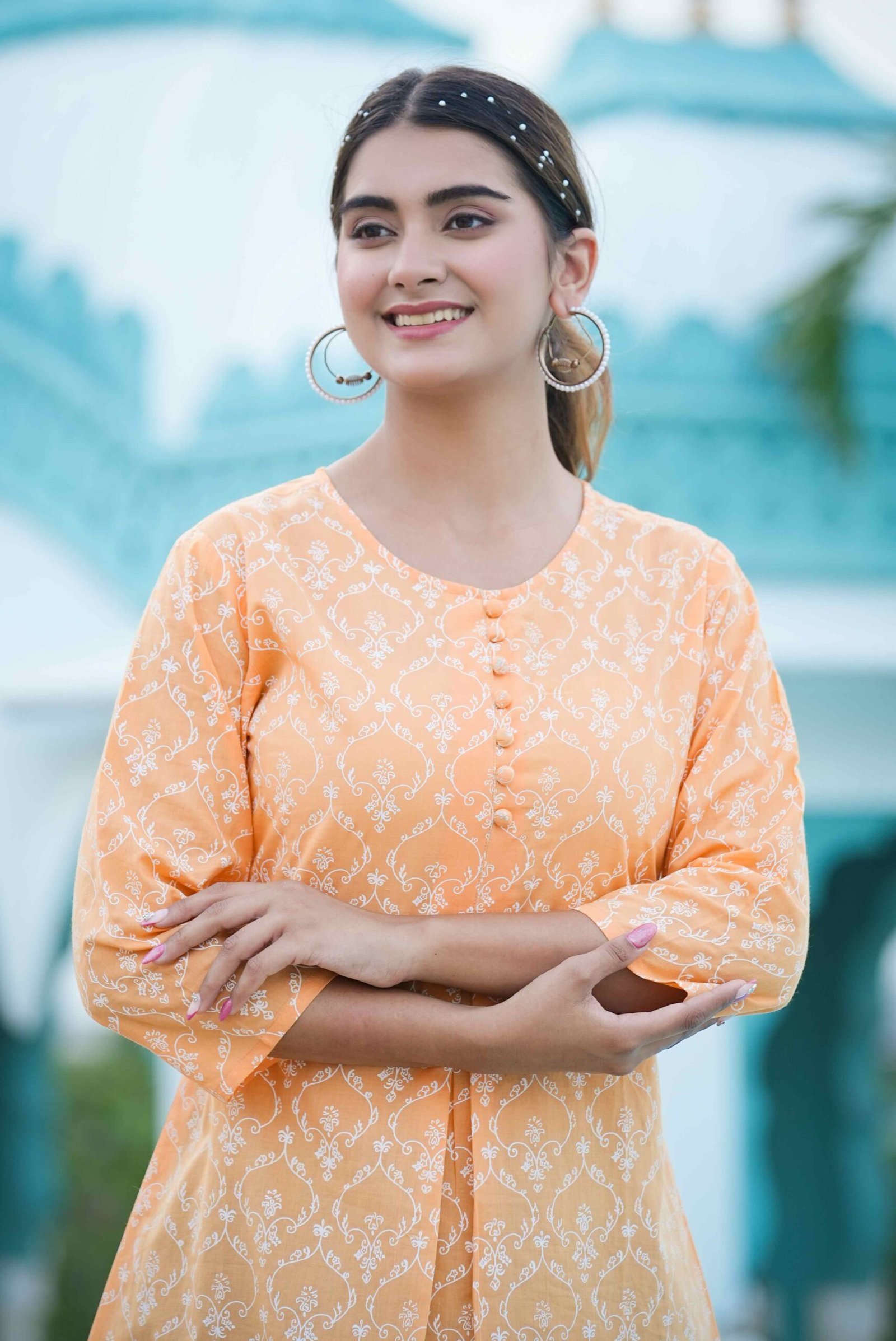 1589YKORANGE4.jpg Yash Gallery Women's Cotton Floral Printed Short Kurti (Orange) - Image 1
