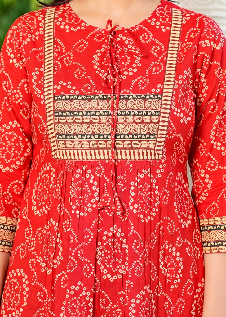 1676YKRED1.jpg Yash Gallery Cotton Mid Thigh Length Bandej Printed Round Neck Short Kurti for Women - Image 1