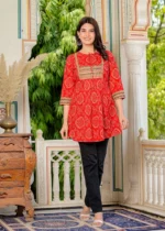 Akiko Cotton Mid Thigh Length Bandej Printed Round Neck Short Kurti for Women - Image 5