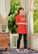 Akiko Cotton Mid Thigh Length Bandej Printed Round Neck Short Kurti for Women - Image 3