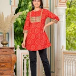 Akiko Cotton Mid Thigh Length Bandej Printed Round Neck Short Kurti for Women