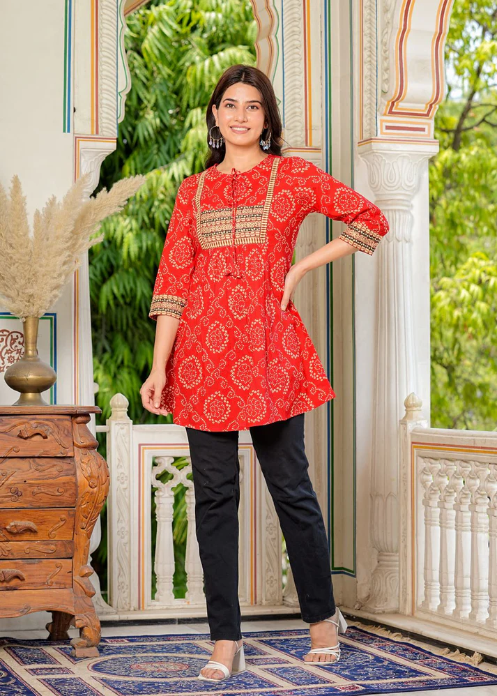 1676YKRED_6_558accd3-afcd-45ec-a5b4-ba5e2cbbd4ec Akiko Cotton Mid Thigh Length Bandej Printed Round Neck Short Kurti for Women - Image 1