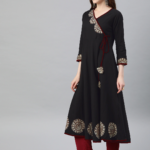 Yash Gallery Women's Cotton Slub Patch Work Angrakha Kurta (Black)