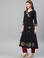 Akiko Women's Cotton Slub Patch Work Angrakha Kurta (Black) - Image 4