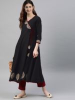Akiko Women's Cotton Slub Patch Work Angrakha Kurta (Black) - Image 3