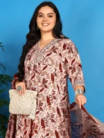 Akiko Women?s Cotton Floral Printed A-lineKurta with Dupatta and Pant V-Neckline 3/4th Sleeves (Maroon) - Image 3