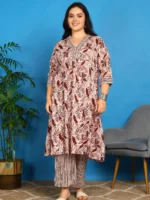 Akiko Women?s Cotton Floral Printed A-lineKurta with Dupatta and Pant V-Neckline 3/4th Sleeves (Maroon) - Image 5