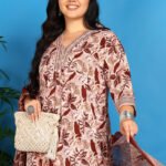 Yash Gallery Women?s Cotton Floral Printed A-lineKurta with Dupatta and Pant V-Neckline 3/4th Sleeves (Maroon)