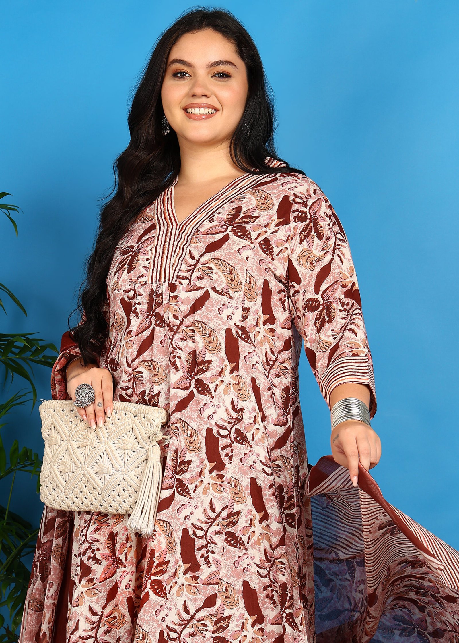 1692YKMAROON8.jpg Yash Gallery Women?s Cotton Floral Printed A-lineKurta with Dupatta and Pant V-Neckline 3/4th Sleeves (Maroon) - Image 1