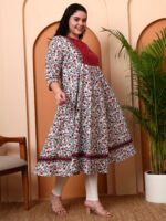 Akiko Women's Cotton Floral Print With kantha Yoke Calf Length Round Neck 3/4TH Sleeve Anarkali Kurta And Duptta (White) - Image 4