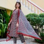 Yash Gallery Women's Floral Print Cambric Cotton Angrakha Kurta Set with Dupatta