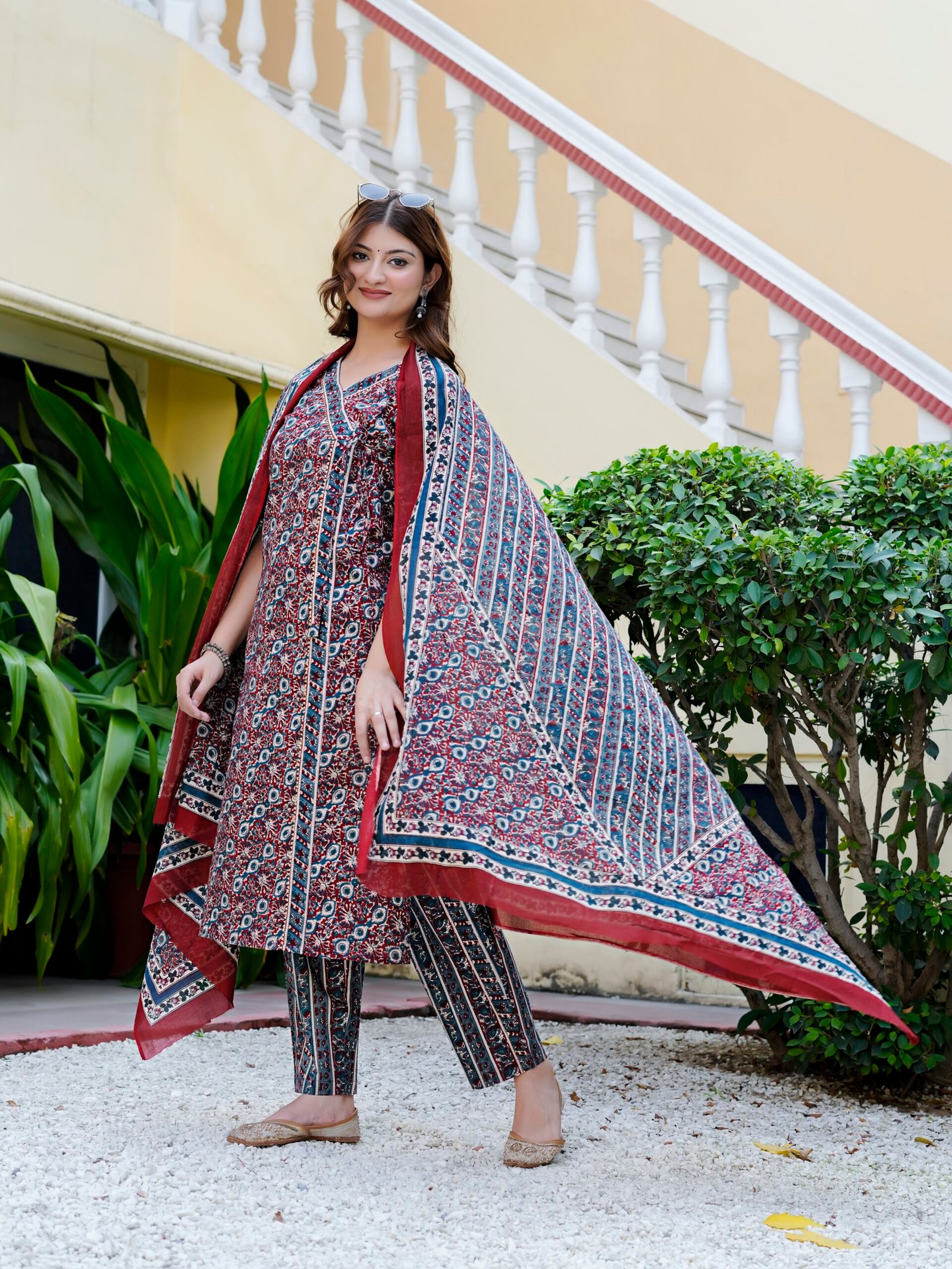 1739YKMULTI10.jpg Yash Gallery Women's Floral Print Cambric Cotton Angrakha Kurta Set with Dupatta - Image 1