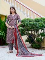 Akiko Women's Floral Print Cambric Cotton Angrakha Kurta Set with Dupatta - Image 4